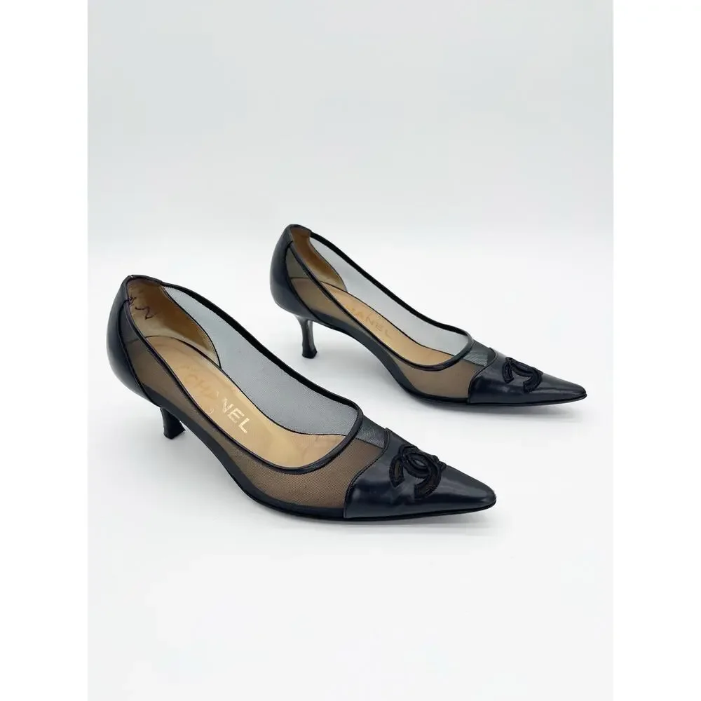 Chanel Vintage Black Mesh Leather CC Cap Toe Pointed Toe Pumps Heels EU 36